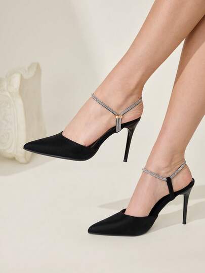 CUCCOO CHICEST Ladies' New Sexy Rhinestones With Black High Heels, Slingback Pointed Thin Heels, Banquet Party Sandals