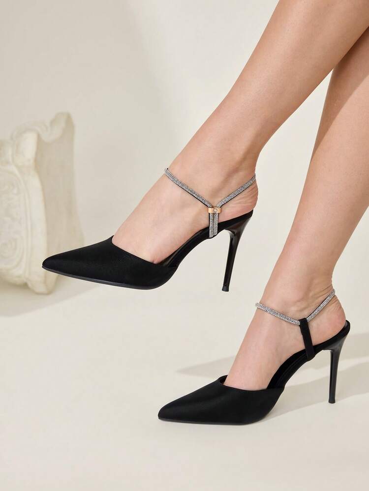 CUCCOO CHICEST Ladies' New Sexy Rhinestones With Black High Heels, Slingback Pointed Thin Heels, Banquet Party Sandals Wedding Shoes Summer Shoes Bride Shoes