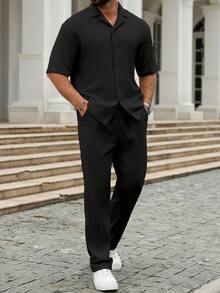 Manfinity Homme 男士加大码衬衫套装，泡泡褶皱面料立领衬衫搭配抽绳西裤，外出聚会必备单品，送给丈夫的理想礼物 - 黑色 - 查看 1