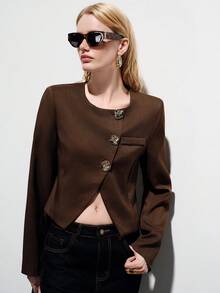 Aveloria Modichic Deep Brown Cropped Blazer With Asymmetrical Curved Hem, Round Neck, Structural Metal Button Design, Minimalist Modern Elegant Commuter Versatile - Coffee Brown - View 7