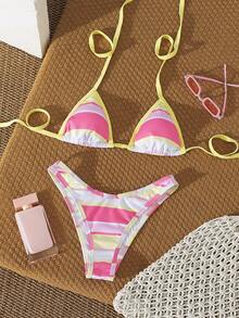 Swim Vcay Women's Yellow Summer Casual Holiday Pool Party Vacation Holiday Halter Triangle Bikini Set,Ribbed Knit Color Block Striped Pattern Swimwear,Y2K - Multicolor - View 2