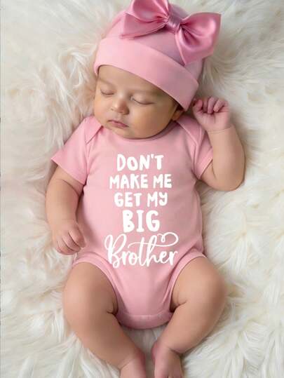 Baby Girl Newborn J Minimalist Funny Pink Slogan "DON'T MAKE ME GET MY BIG Brother" Literary Warm Pattern Print Short Sleeve Romper, Cute, Newborn Clothing, Baby Set, Spring/Summer, Summer Comfortable Casual Wear, Infant Summer Outfit, Girl Clothing, Outdoor, Photography, Indoor, Holiday, Gift