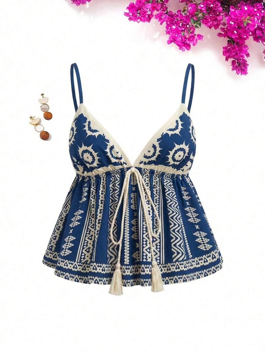 Vivid Eden 复古印花V领吊带背心，适合春夏穿着，可搭配夏季服装、情人节装、度假装、沙滩装、节日装、浪漫优雅装、波西米亚风、甜美风、锐舞派对装、热带度假装、嘉年华装。 - 藍色 - 查看 1