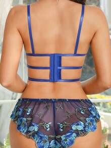 2pcs Sexy Lingerie Set With Floral Embroidery Fabric, Underwire Bra With Hollow Back Design, Ruffle Trim Panties, Sensual Style - Multicolor - View 2