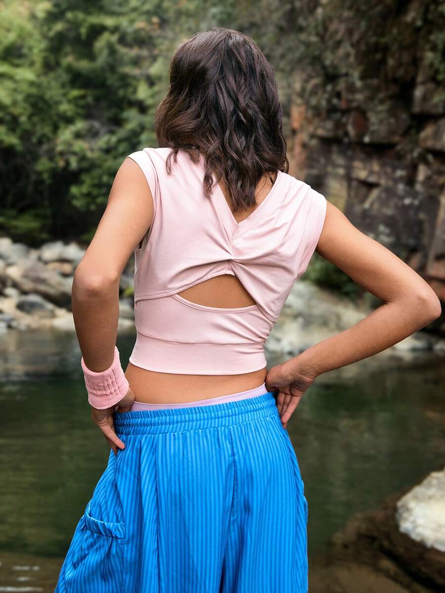 Medorelle 女士夏季圆领修身无袖扭结运动背心，吸湿排汗健身跑步训练吊带衫，露背镂空设计，适合徒步、休闲、春夏季节外出穿着 - 粉色 - 查看 1