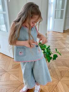Dazy Kids Pakaian Kasual Musim Panas untuk Anak Perempuan: Atasan Kerah Bulat dengan Blok Warna dan Celana Jeans Lebar - Light Wash - View 8