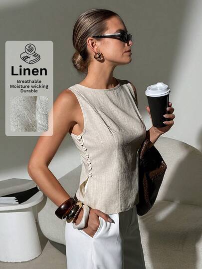 Lavishia Sleeveless White Bamboo Knot Button Slim Fit Office Vintage Shirt Summer Holiday Outfits