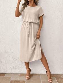 SHEIN Clasi 女士休闲舒适春夏中长连衣裙，优雅度假装 - 杏色 - 查看 4