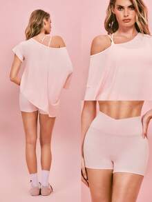GLOWMODE 2 Pieces Tencel™ Modal 4.3'' Off-Shoulder Tee & 4.3" FeatherFit™ Buttery-Soft High-Rise Crossover Waist Biker Shorts Gym Cycling Running - Pink - View 8