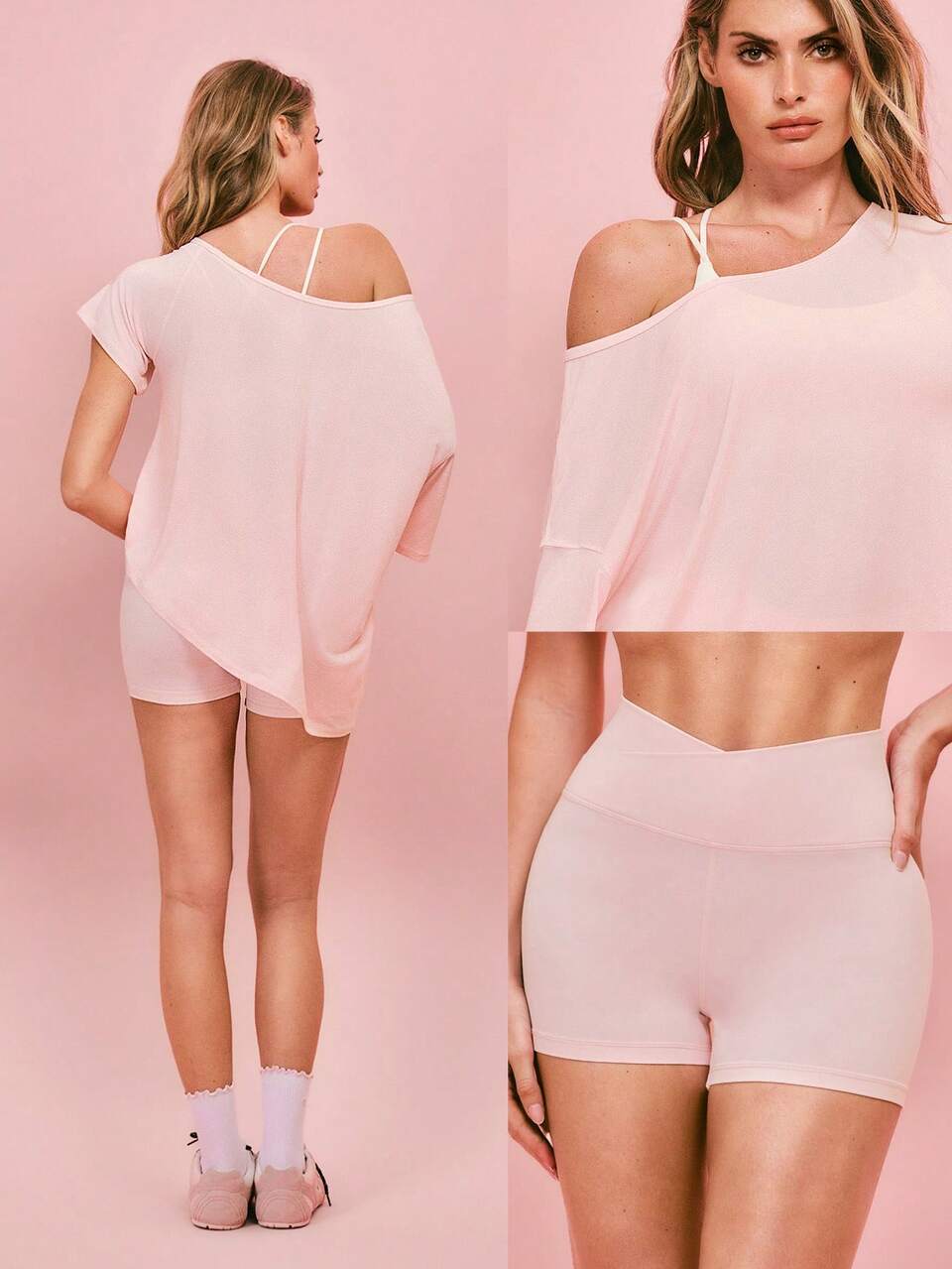 2 Pieces Tencel™ Modal 4.3'' Off-Shoulder Tee & 4.3" FeatherFit™ Buttery-Soft High-Rise Crossover Waist Biker Shorts Gym Cycling Running