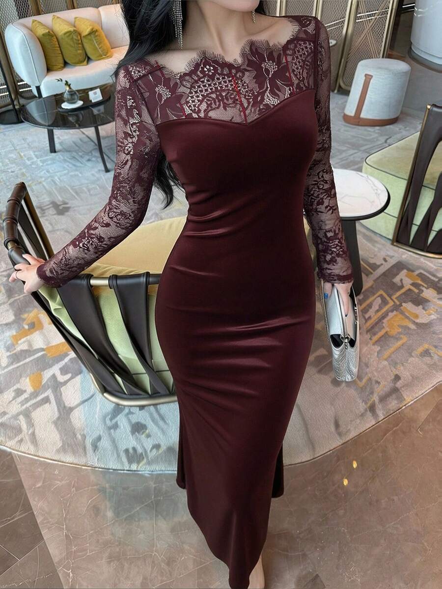 DAZY فستان نسائي متوسط الطول بتصميم ذيل حورية البحر مع تطريز الدانتيل، فساتين صيفية وربيعية للنساء - الأحمر - مشاهدة 1