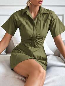 Aveloria Modichic Summer Solid Color Elegant Short Sleeve Dress With Folded Collar Dresses For Women Elegant  - Olive Green - View 3