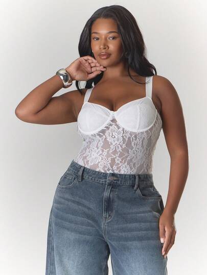 MUSERA Plus Size Lace Thick Strap Bodysuit Spring Summer Easter Cute Date Night Evening Vacation Holiday