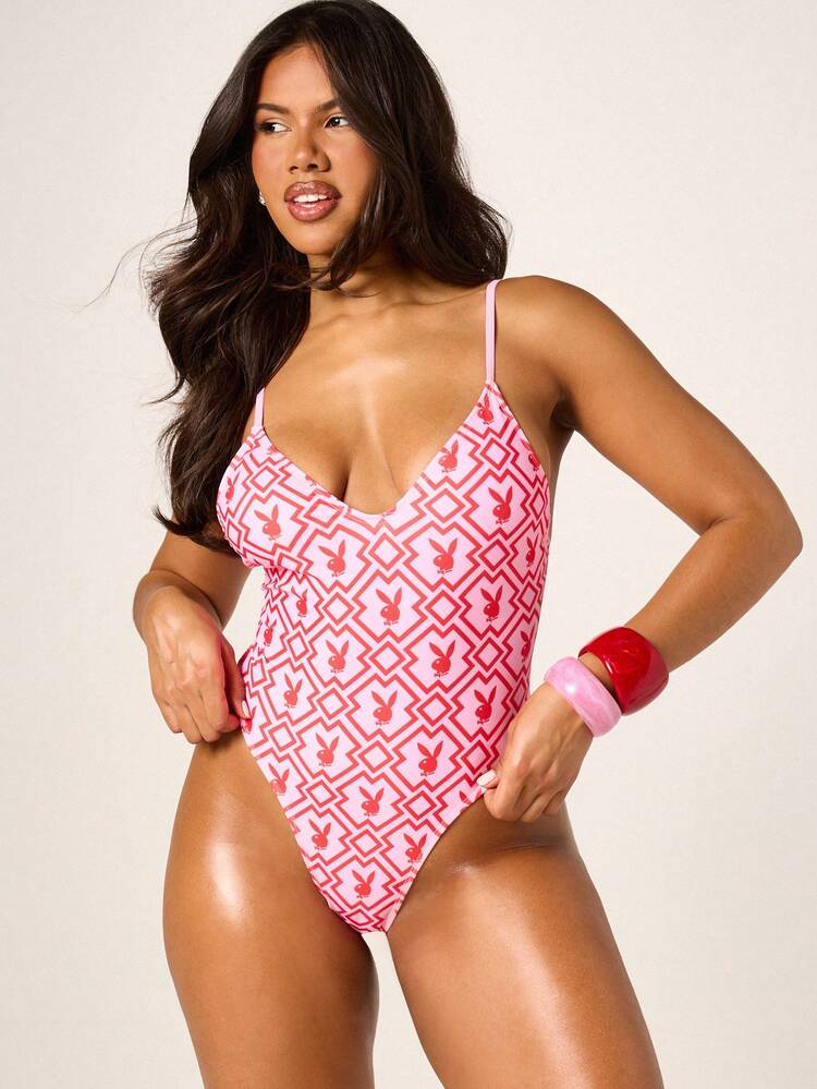 Missguided x Playboy Women's Retro Pink Print One Piece Plunge Neck Monokini With Bunny Logo Pattern Summer Beach Swimsuit