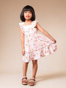 SUMWON 女童荷叶边袖印花高腰层叠中长连衣裙，方领，飘逸袖子 - 彩色 - 查看 1