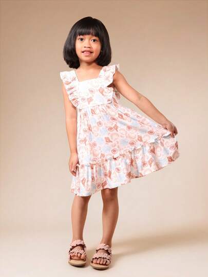 SUMWON Girls Ruffle Sleeve Floral Print Empire Waist Tiered Midi Dress With Square Neckline And Flutter Sleeves