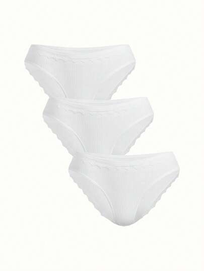 3条装女士纯棉内裤女甜美清新可爱纯色内裤基础仙女风蕾丝边螺纹白色三角形四季日常穿时尚内衣生日夏季