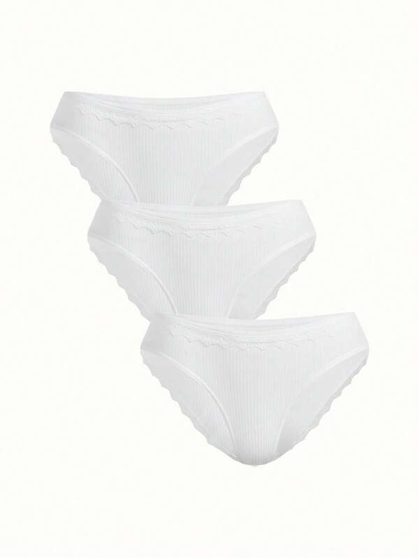 3条装女士纯棉内裤女甜美清新可爱纯色内裤基础仙女风蕾丝边螺纹白色三角形四季日常穿时尚内衣生日夏季