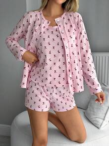 EURMUSE Conjunto de 3 piezas de mujer 100% algodón con cárdigan, pantalón corto y camiseta con estampado lindo para estar en casa - Blanco y Negro - Ver 3