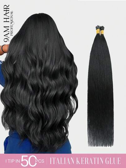 22英寸50股I型接发，真人发丝，易于造型，黑色I型接发，女士专用。