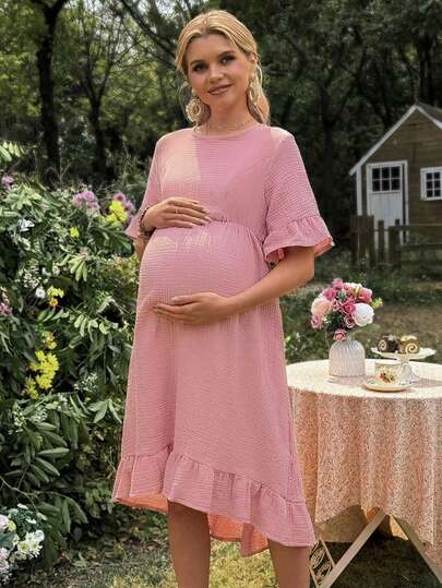 SHEIN Nursing Dress With Ruffle Sleeves, Round Neck, Mushroom Buttons On Front, Zipper On Sides, A-Line Hem With Ruffle Trim