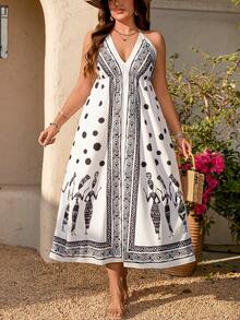 Breezaya Plus Size Women's Halter Tie Back Bowknot Print Elegant Dress For Vacation Beautiful Dresses For Women Latest Dress Desi Dress - Black and White - View 5