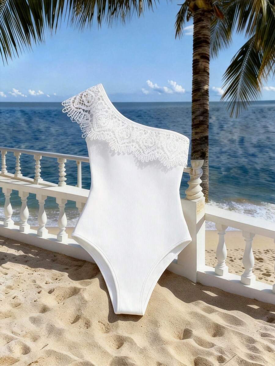 Selianne Women's Spring/Summer Vacation Casual Asymmetric Ruffle Patchwork Slim Bodysuit - White - View 1