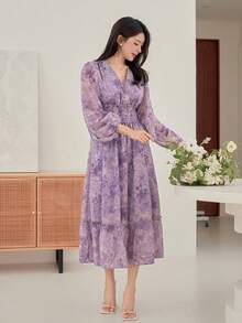 DAZY 女士优雅印花褶皱中长连衣裙，春夏款 - 紫色 - 查看 4