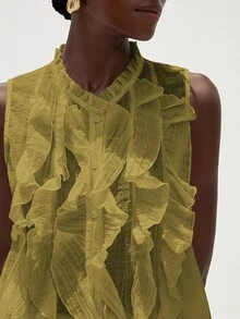 Aveloria Modichic Elegant Romantic Versatile French Style Sleeveless Shirt For Women, White Textured Crinkle Sheer Multi-Layer Ruffle Collar Design - Olive Green - View 3