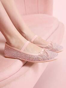 CUCCOO DOLLMOD 女士鞋履 春夏时尚粉色全钻网纱小蝴蝶结松紧带女士平底鞋 优雅舒适透气可爱甜美玛丽珍平底鞋 - 粉色1 - 查看 2