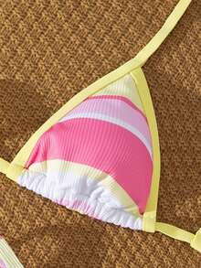 Swim Vcay Women's Yellow Summer Casual Holiday Pool Party Vacation Holiday Halter Triangle Bikini Set,Ribbed Knit Color Block Striped Pattern Swimwear,Y2K - Multicolor - View 6