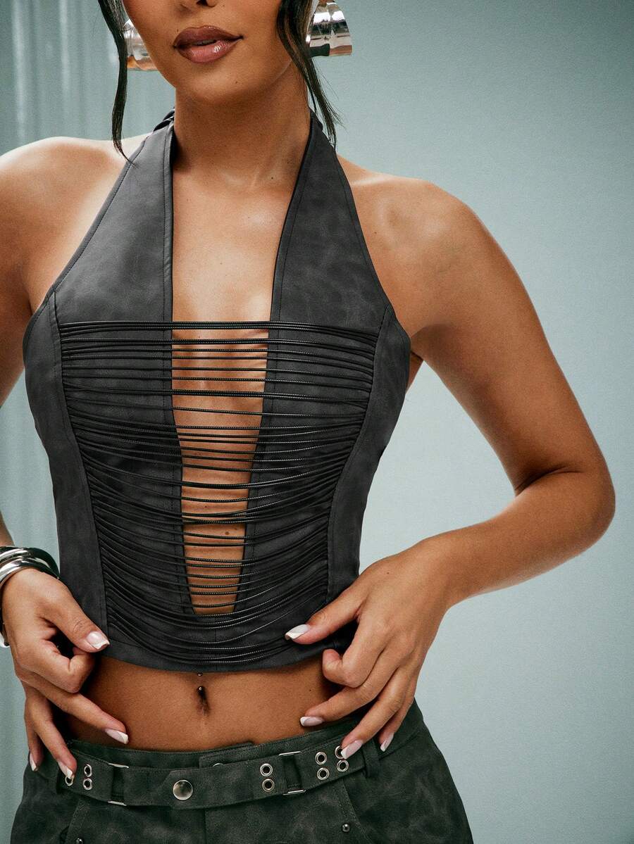 Denimoi 仿皮绑带镂空露背性感上衣，适合夜店、演唱会等场合穿着，适合女孩外出游玩 - 黑色 - 查看 1