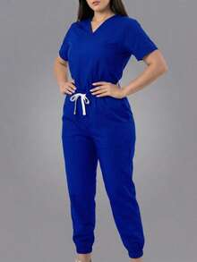 Set Surgical Uniform Set 2 Pieces Lady Woman Sleeve Short Neck V Pants Jogger Spring Comfy Drawstring - Blue - View 5