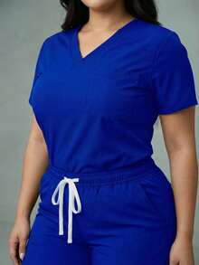 Set Surgical Uniform Set 2 Pieces Lady Woman Sleeve Short Neck V Pants Jogger Spring Comfy Drawstring - Blue - View 4