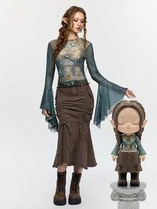 ROMWE Fairycore 仙女、圣母玛利亚、莲花和十字架印花修身喇叭袖薄纱女式上衣 - 彩色 - 查看 13