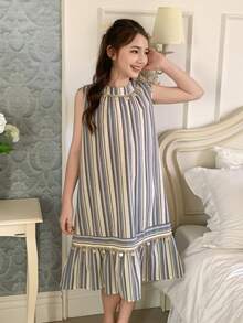 DAZY 女童条纹无袖圆领连衣裙，秋季穿搭 - 藍色 - 查看 1