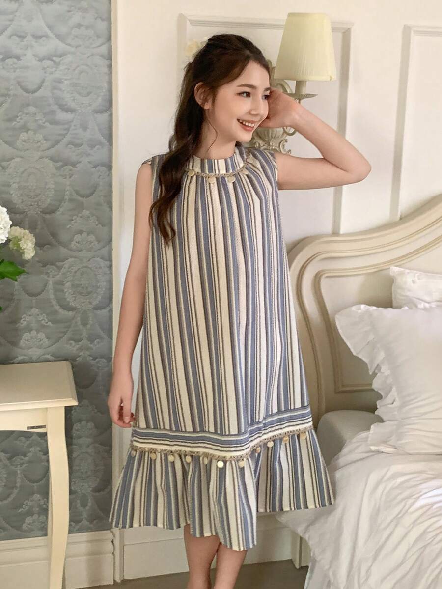 DAZY 女童条纹无袖圆领连衣裙，秋季穿搭 - 藍色 - 查看 1