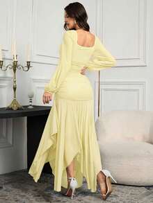 xheModelyn Vestido elegante de manga larga con cuello cuadrado plisado y unicolor para mujerxhe - Amarillo claro - Ver 7