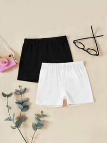 SHEIN Vintaside Kids 2件套少女可爱舒适多色打底裤，适合春夏休闲、运动和休闲穿着，简约舒适白色短裤套装 - 黑與白 - 查看 3