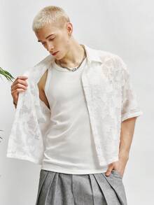 TOKVUE 男士休闲时尚短袖衬衫，花卉提花面料，宽松落肩设计，纽扣前襟，休闲风格，适合从屋顶酒吧到海滩婚礼等各种场合，低调奢华服饰，商务旅行，度假，低调都市绅士风格，美式复古风，日常通勤，周末郊游，户外活动，节日礼物，男友礼物 - 白色 - 查看 6