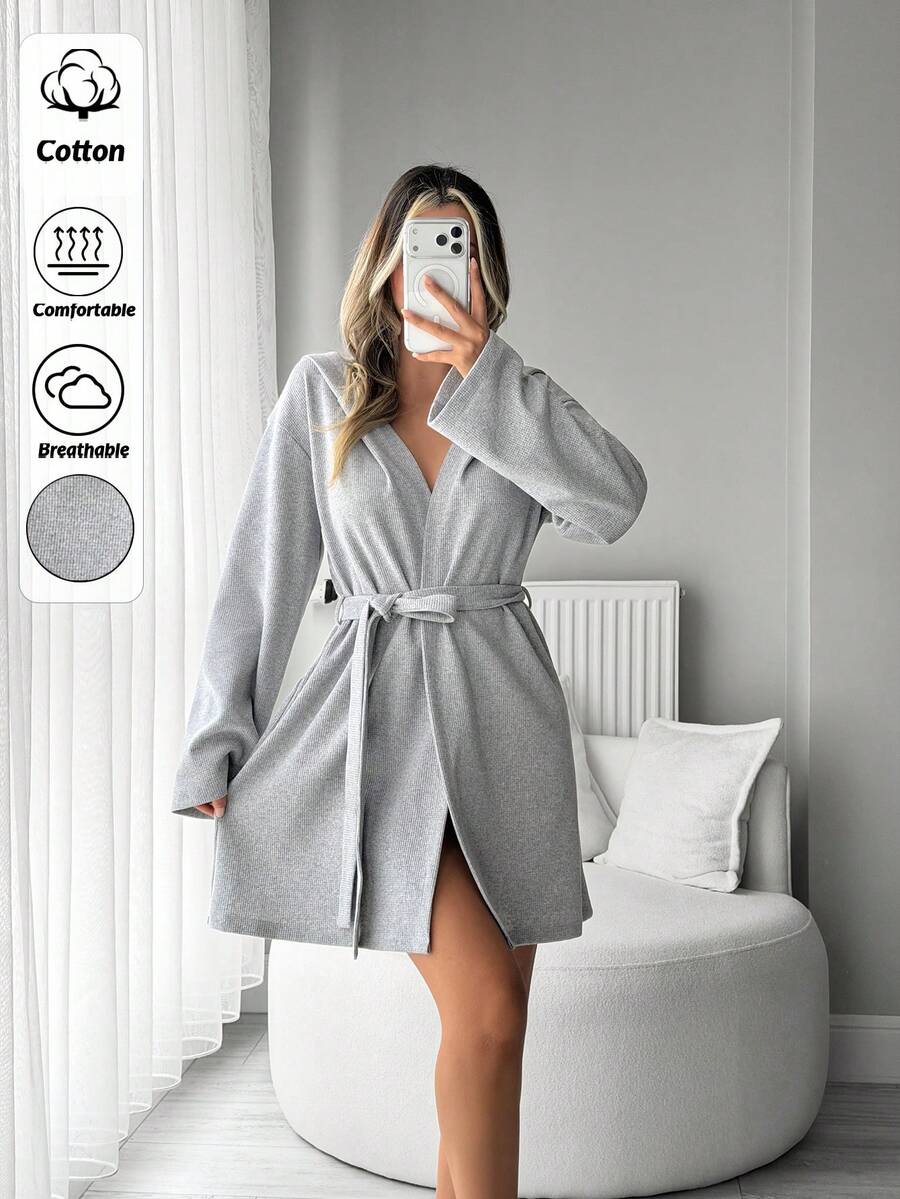 SHEIN Women Waffle Knit Hooded Detail Robe With Belt Detail Homewear Comfort Lounge Robe - Grey - View 1