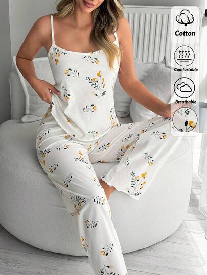 SHEIN Women Floral Pattern Two Pieces Strappy Sleep Top + Lettuce Trim Edge Ribbon Detail Long Sleep Pants Comfort Lounge Pajama Sets