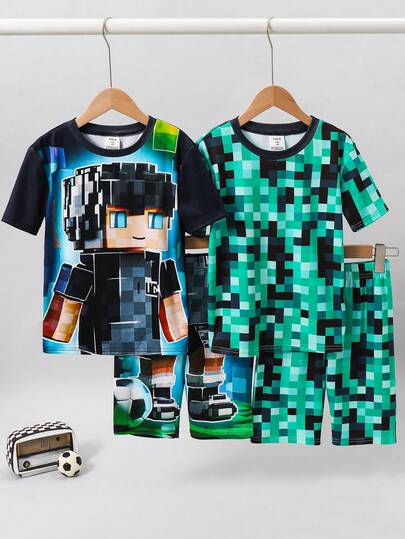 SHEIN 4pcs Kids/Tween Boys Casual Everyday Comfortable Fluorescent Graphic Print Round Neck Loose Pullover T-Shirt And Shorts Knit Tight Homewear Set