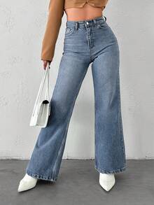 Petite 100% Cotton High Waist Casual Wideleg Jean - Light Wash - View 6