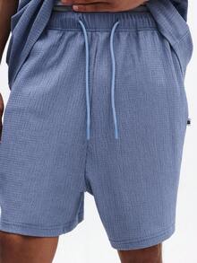 SUMWON Luźny, prążkowany T-shirt z okrągłym dekoltem i pasujące szorty - zestaw na lato, swobodny strój do wypoczynku - Niebieski - Zobacz 6