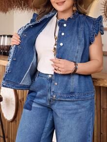 EMERY ROSE Plus Size Women Casual Loose Comfortable Mid-Blue Denim Sleeveless Jacket - Medium Wash - View 8