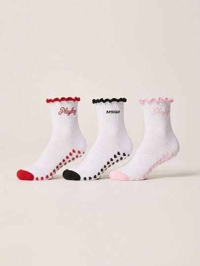 Missguided x Playboy 3 Pack Ribbed Ankle Socks With Ruffle Trim And Brand Logo Embroidery For Casual Everyday Wear