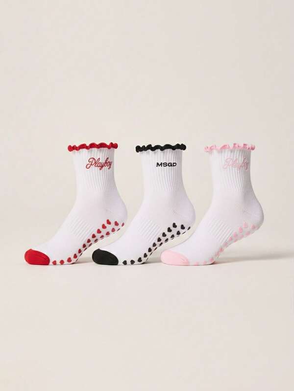 Missguided x Playboy 3 Pack Ribbed Ankle Socks With Ruffle Trim And Brand Logo Embroidery For Casual Everyday Wear