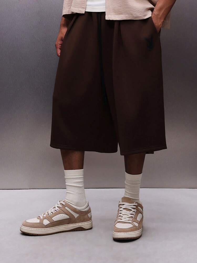 PLAYBOY X SUMWON Men's Loose Fit Pull On Jorts With Elastic Waistband Wide Leg Knee Length Denim Shorts Summer Casual