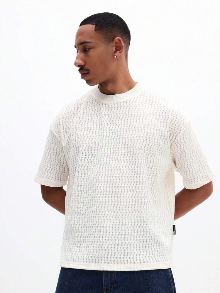 White Textured Mesh Crew Neck Tee